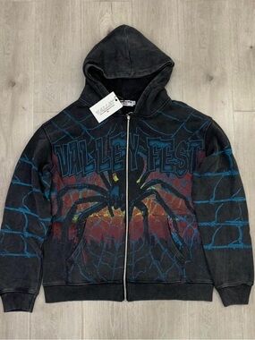 Black Graphic Zip-Up Hoodie with Spider Motif